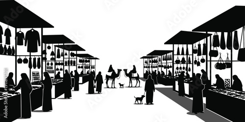 Traditional Middle Eastern souk market silhouette illustration, Arabic bazaar with vendors and camels, cultural street shopping scene in desert town vector art,
