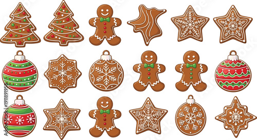 Set of Christmas Gingerbread Cookies and Festive Holiday Ornaments with Stars Trees and Gingerbread Men for Winter Celebration Greeting Cards and Seasonal Decoration Background