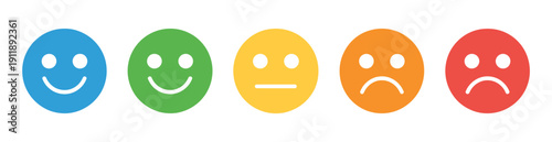 Expression Rating Icon Vector, Colorful Smile, Neutral, And Sad Faces Representing Feedback, Mood Assessment, And Emotion Survey For UI Evaluation And User Experience Design.