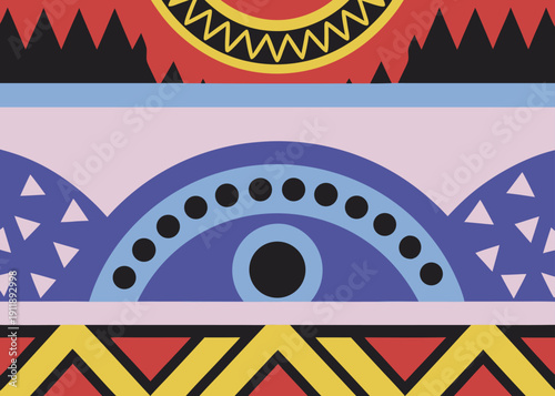 Multi-colored tribal pattern illustrating a sun icon, mountain peaks, a large central blue arch with black dots, and bold yellow zigzags.