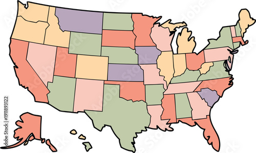 Colorful US states map with pastel colors highlighting regions on transparent background