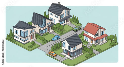 Houses in Neighborhood Illustration.