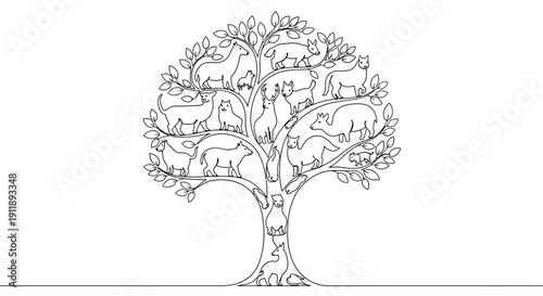 Animal Family Tree Illustration: Diverse Creatures on Branches