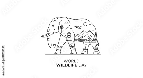 Elephant Silhouette with Nature Landscape Inside - World Wildlife Day Concept