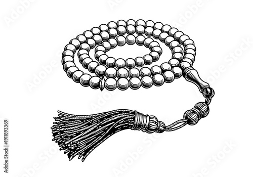 An illustration of a coiled mala prayer beads with tassel viewed from directly above