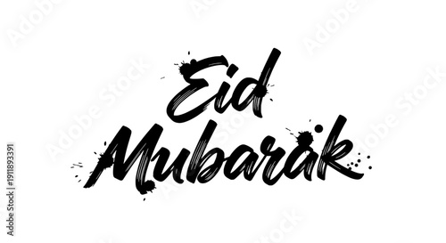 Eid Mubarak greeting card with elegant calligraphy and decorative splatters on white background illustration