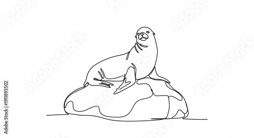 Minimalist Line Art Seal Resting on Rock - Single Line Drawing
