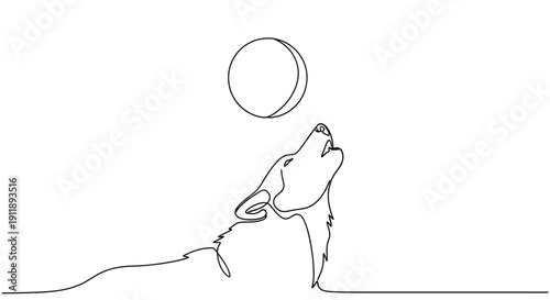 Minimalist line art wolf howling at moon, single continuous line drawing