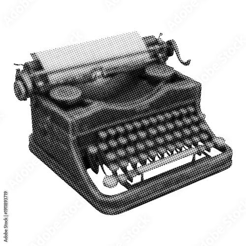 Old vintage typewriter retro pop art halftone effect grunge dotted vintage cutout collage element.