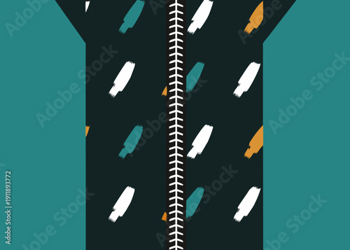 Abstract graphic design featuring a stylized zipper pattern with colorful brushstrokes
