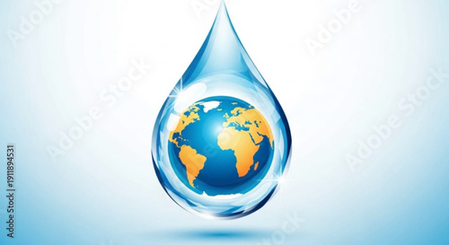 Planet earth inside a water droplet with blue and orange continents on a white background symbolizing global hydration and environmental conservation