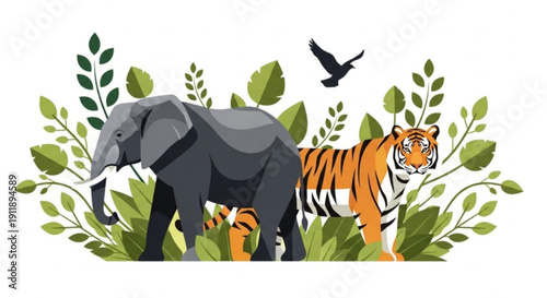 Wildlife scene with elephant tiger and bird in lush greenery jungle habitat