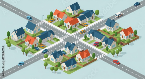 Isometric Neighborhood with Houses and Roads.