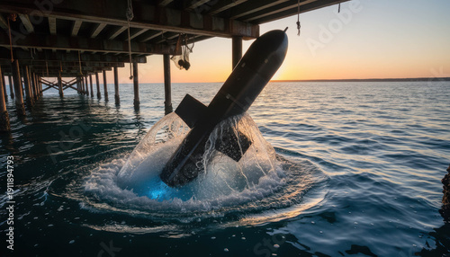 Unmanned underwater vehicle splashes into ocean near pier at sunset