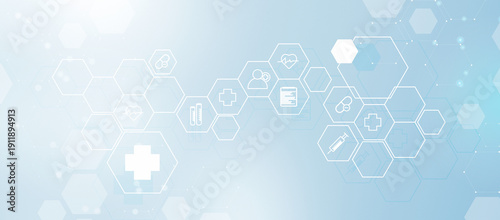 Blue healthcare background with plus signs and molecules. Suitable for medical presentations, healthcare websites, or scientific research articles.