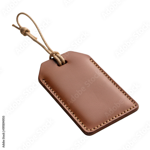 A brown leather luggage tag on a white background