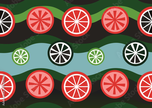 Seamless pattern with colorful stylized fruit slices on wavy horizontal background bands