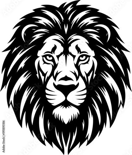 A majestic lion's face with a flowing mane viewed directly in a black and white illustration