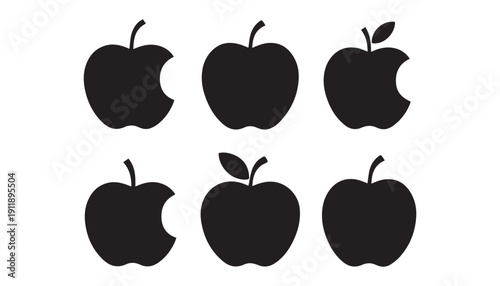 black color Apples fruits set of silhouette vector illustration, solid white background