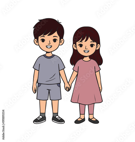 A colorful cartoon illustration of a cute young boy and girl holding hands wearing casual purple and pink outfits.