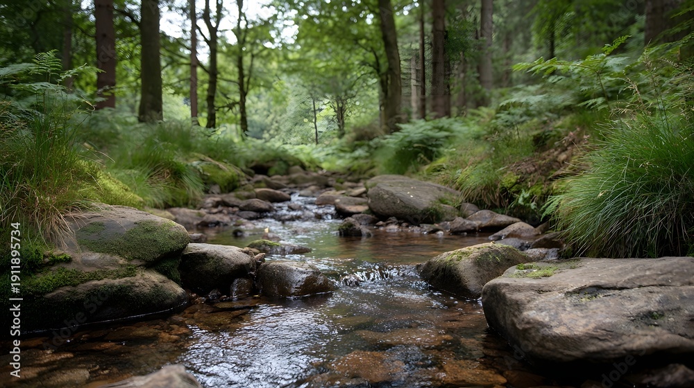 Obraz premium A serene forest stream flows over moss covered rocks in a lush woodland