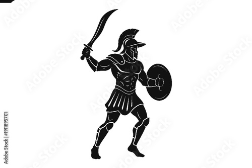 Ancient Warrior Silhouette: A stoic warrior, donned in traditional armor and helmet, brandishes a curved blade and shields against unseen threats, a symbol of strength and valor.
