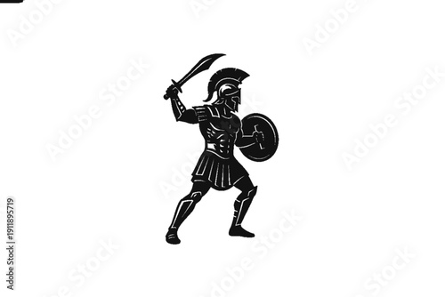 Warrior's Resolve: An imposing warrior, clad in armor and helmet, brandishes a sword and shield, embodying the strength and valor of ancient combat.