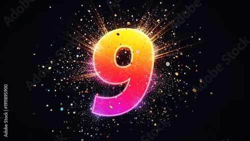 Colorful number nine with vibrant light effects