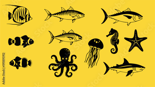Black Silhouette Sea Life and Ocean Animals Icon Set on Yellow Background