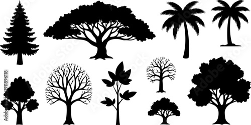 Collection of various tree silhouettes including palm and deciduous trees in different shapes and sizes