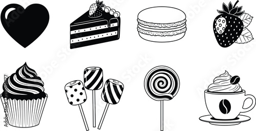 Black and White Sweet Treats Vector Set Featuring Cupcake Cake Slice Macaron Lollipop Coffee Cup Marshmallow and Strawberry for Cafe Menu and Dessert Shop Design