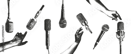 Trendy microphone photocopy effect, for grunge punk collage design. Disco microphone and hands. Brutalist vintage vector illustration music.