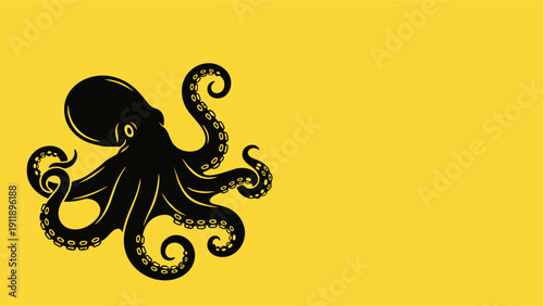 Striking Black Octopus Silhouette on Bright Yellow Background Vector Illustration