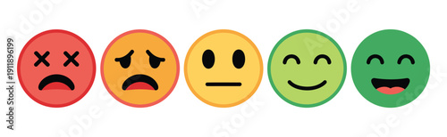 Colorful Mood Rating Icon Vector, Five-Emoji Emotion Scale From Sad, Neutral, To Happy For Feedback, Surveys, And Digital Interface Interaction.