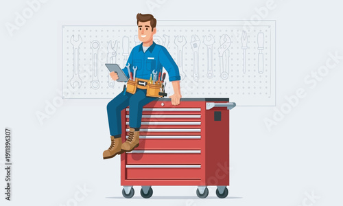 A friendly illustration of a professional mechanic or technician sitting on a large, red rolling tool chest. He is wearing a blue jumpsuit and a tool belt packed with wrenches and screwdrivers while 