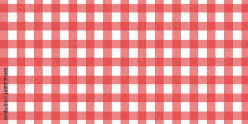 Red gingham fabric seamless pattern. Cute check plaid. Picnic kitchen tablecloth texture. Gingham square vintage texture. Vector illustration isolated on white background.