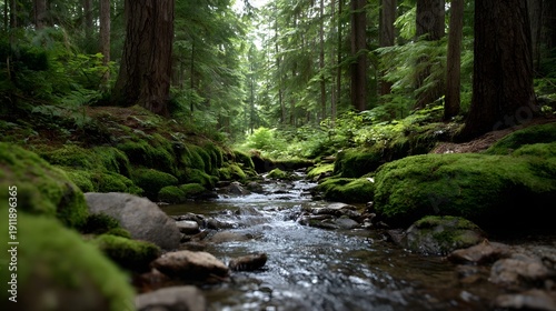 A clear forest stream meanders through a lush moss covered woodland with tall ancient trees