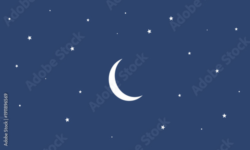 A simple and peaceful night sky background featuring a white crescent moon surrounded by various white stars of different sizes on a deep navy blue background.