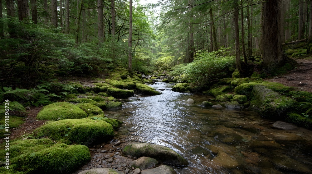 Fototapeta premium A serene forest stream meanders through lush green moss covered rocks and dense trees inviting explo n on a shaded woodland path