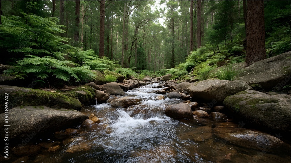 Obraz premium A serene forest stream meanders over mossy rocks through a lush dense woodland with ferns and tall trees