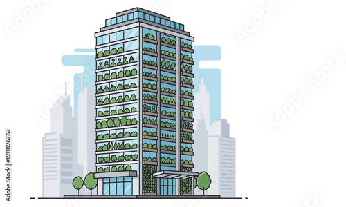 A modern architectural illustration of a tall skyscraper featuring lush green vertical gardens on every floor, representing sustainable urban living and eco-friendly city design.