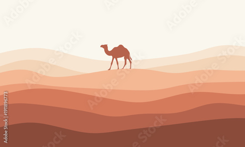 A minimalist silhouette of a camel walking across rolling sand dunes in a vast desert, depicted with a warm, monochromatic orange and brown color gradient.
