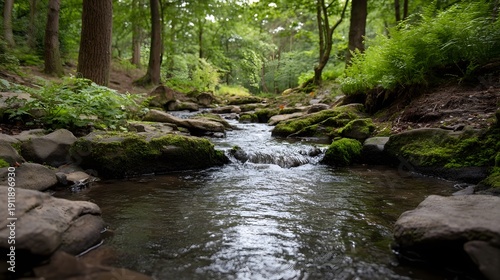 A serene forest creek flows gently over moss covered rocks surrounded by lush green trees and foliage in a tranquil woodland setting