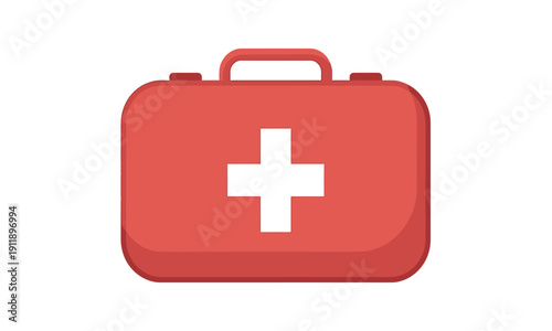 A clean, flat illustration of a red medical first aid box featuring a prominent white cross in the center and a sturdy handle on top.