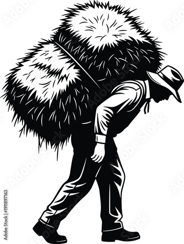 Black Silhouette of a Hardworking Farmer Carrying a Large Heavy Hay Bale on His Back for Agriculture Harvest Manual Labor and Rural Countryside Concept