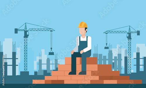 A construction worker wearing a yellow hard hat and blue overalls sitting on top of a large pile of orange bricks at a construction site.