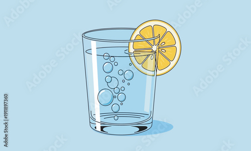 A refreshing glass of clear sparkling water with rising bubbles and a fresh lemon slice on the rim.