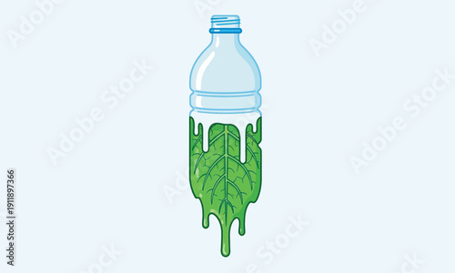 A creative illustration of a plastic bottle melting away to reveal a green leaf inside, symbolizing biodegradable materials.