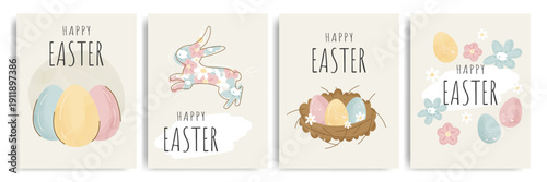 Cute Happy Easter greeting cards set with colorful spring eggs, rabbit and flowers. Vector illustration in flat watercolor style