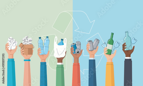 Various hands raised in the air holding different types of waste like paper, plastic, cans, and glass for recycling.